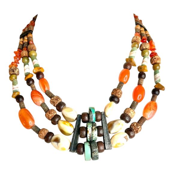Vintage Handcrafted Berber Style Semiprecious Gemstones Wood Beads Bib Necklace - Picture 1 of 4